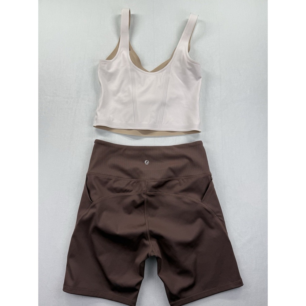 Set of Fanka Body Sculpt Bra Tank Lift Top M Cream Biker Shorts Brown Gym Active - Picture 15 of 15